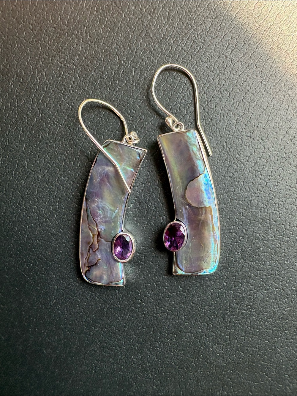Iridescent Abalone Drop Earrings with Purple Gemstone Accent